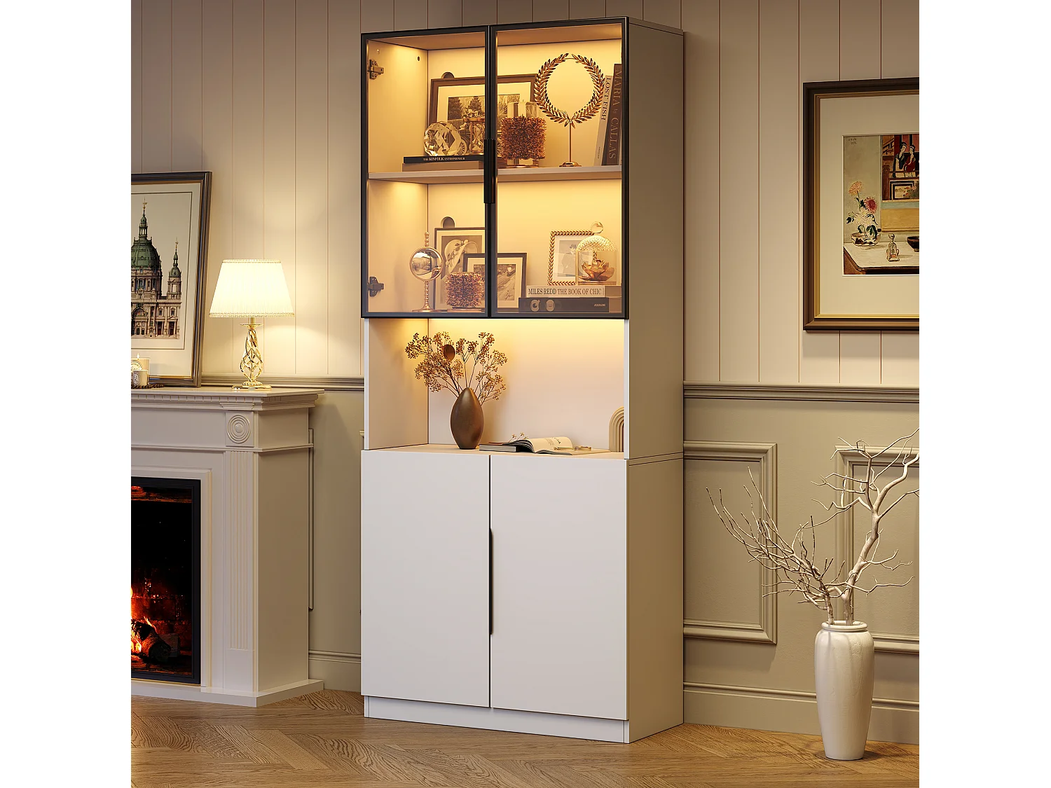 Moderne Vitrine mit Glastüren – 80 x 30 x 200 cm – mit LED-Beleuchtung und Einlegeboden – Spanplatte – weiß