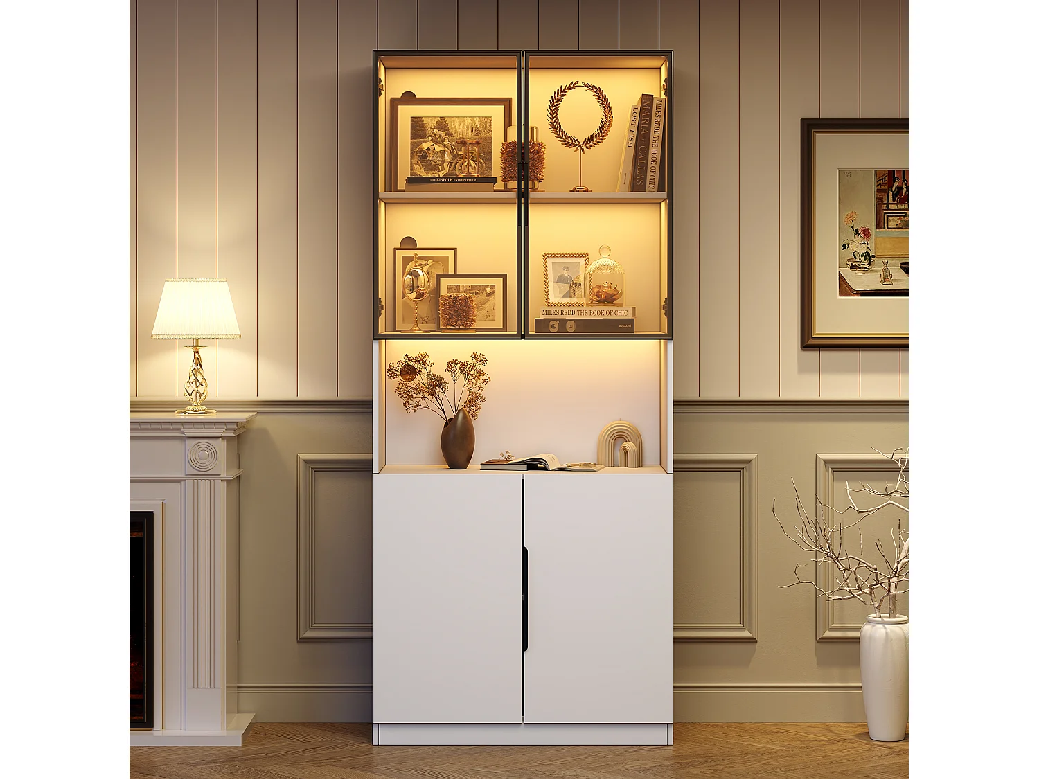 Moderne Vitrine mit Glastüren – 80 x 30 x 200 cm – mit LED-Beleuchtung und Einlegeboden – Spanplatte – weiß