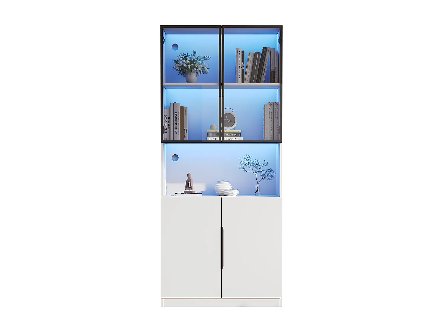 Moderne Vitrine mit Glastüren – 80 x 30 x 200 cm – mit LED-Beleuchtung und Einlegeboden – Spanplatte – weiß