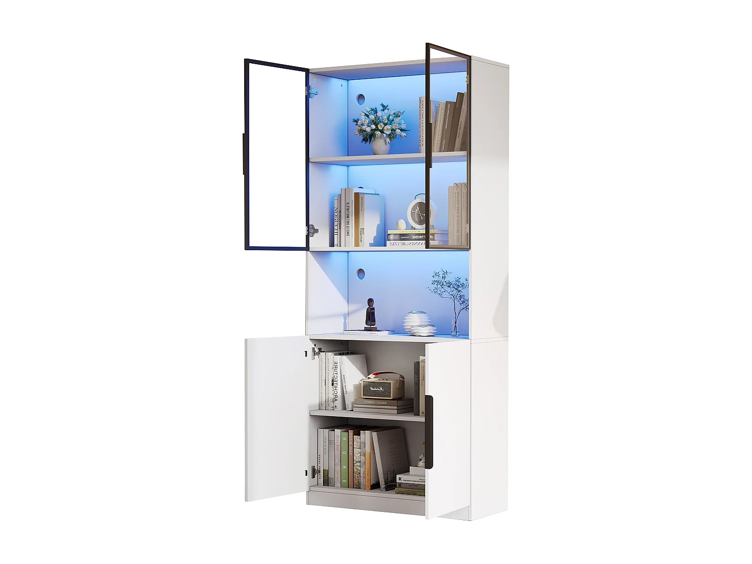 Moderne Vitrine mit Glastüren – 80 x 30 x 200 cm – mit LED-Beleuchtung und Einlegeboden – Spanplatte – weiß