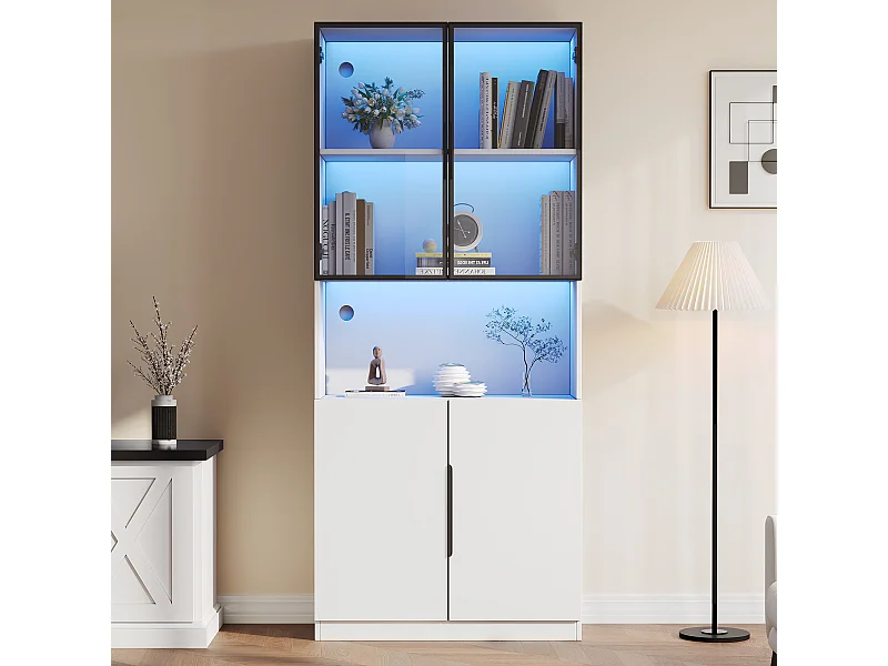 Moderne Vitrine mit Glastüren – 80 x 30 x 200 cm – mit LED-Beleuchtung und Einlegeboden – Spanplatte – weiß