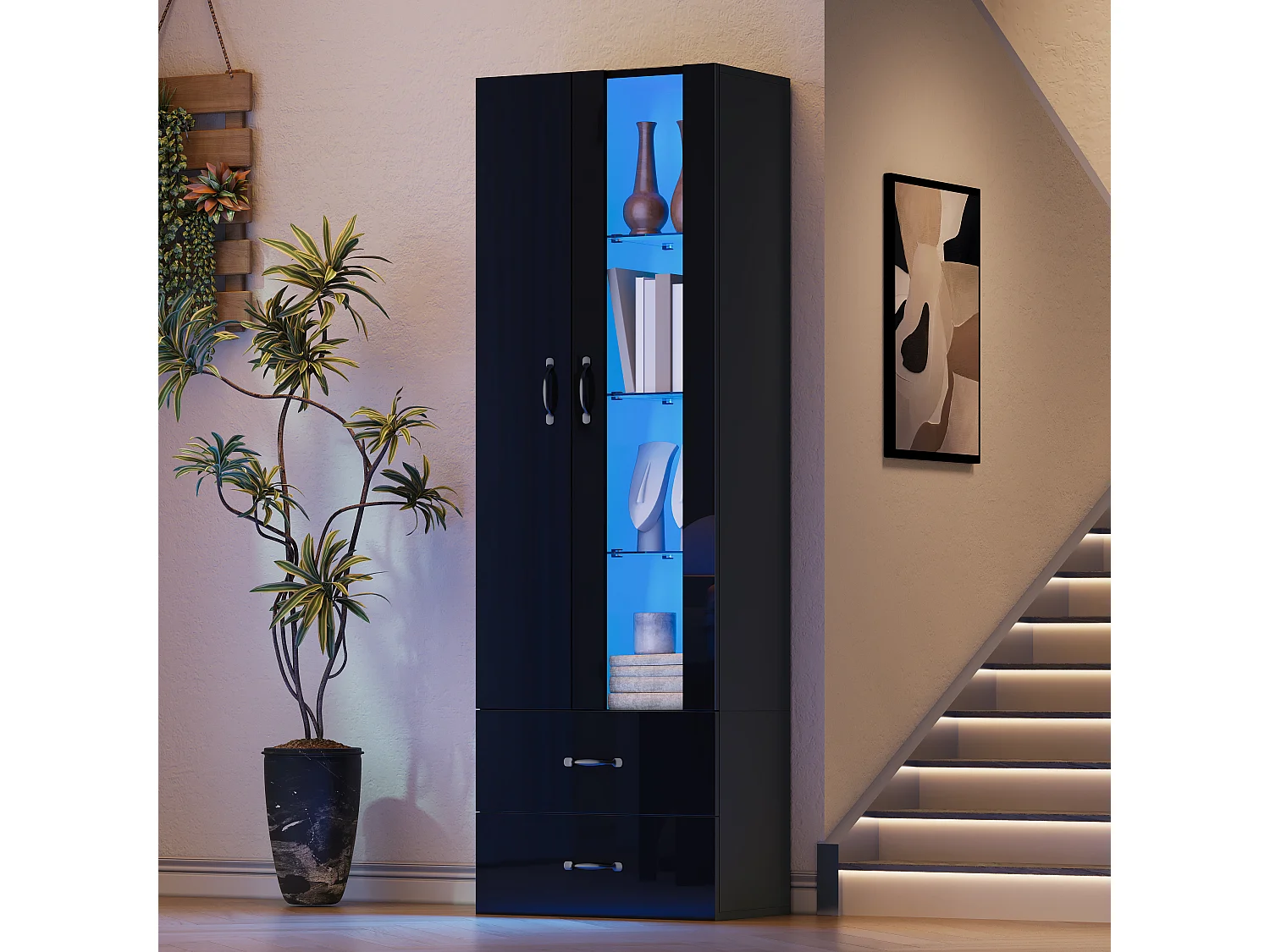 Vitrine mit transparenter Tür – 60 x 35 x 182,5 cm – mit LEDs + 2 Türen + 2 Schubladen – Spanplatte – schwarz