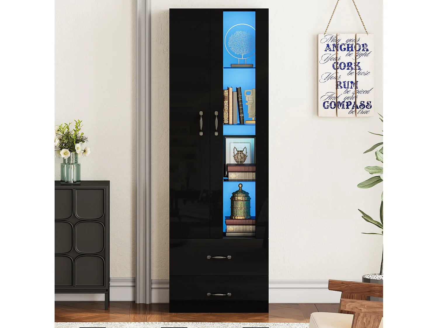 Vitrine mit transparenter Tür – 60 x 35 x 182,5 cm – mit LEDs + 2 Türen + 2 Schubladen – Spanplatte – schwarz