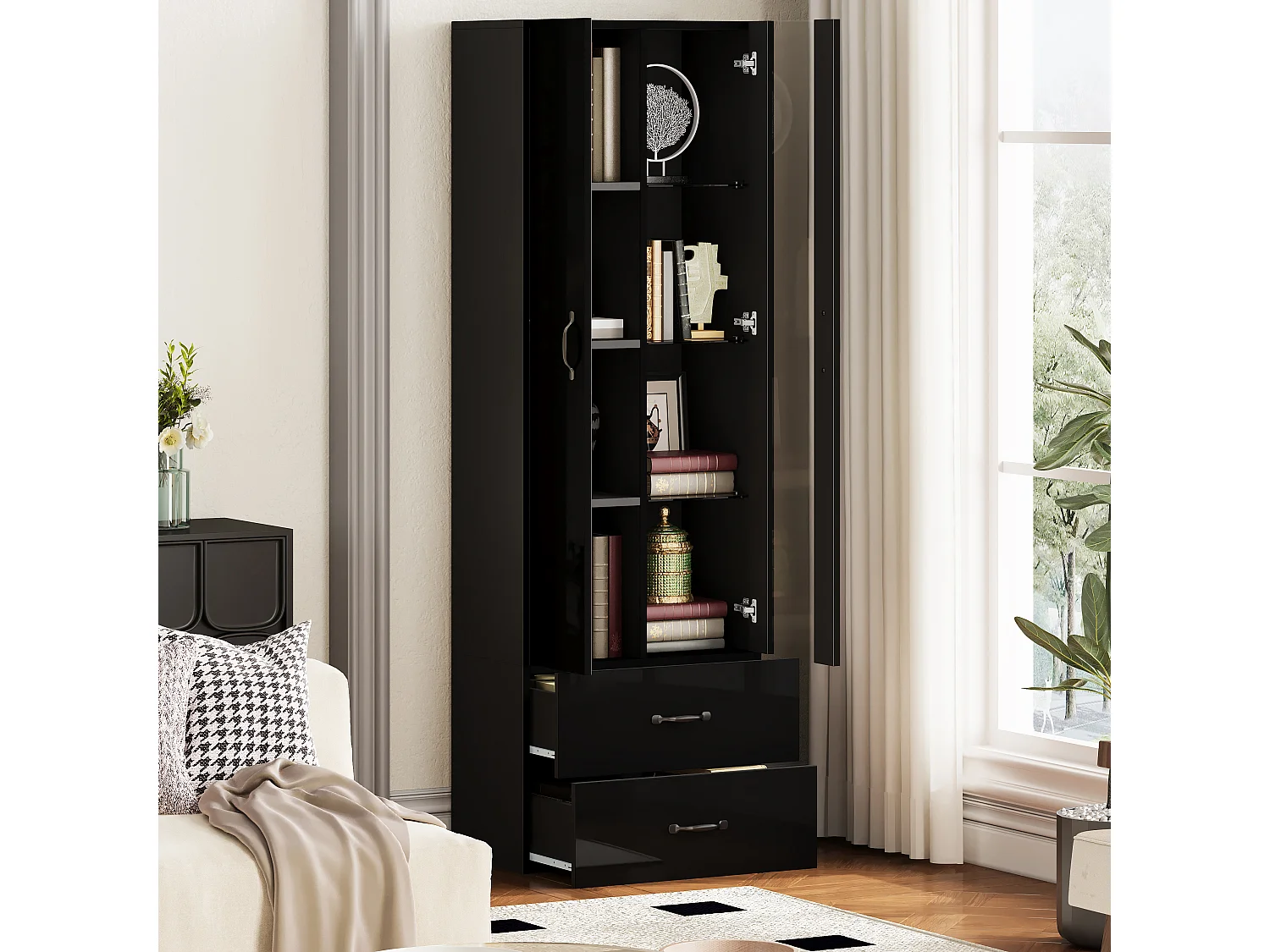 Vitrine mit transparenter Tür – 60 x 35 x 182,5 cm – mit LEDs + 2 Türen + 2 Schubladen – Spanplatte – schwarz