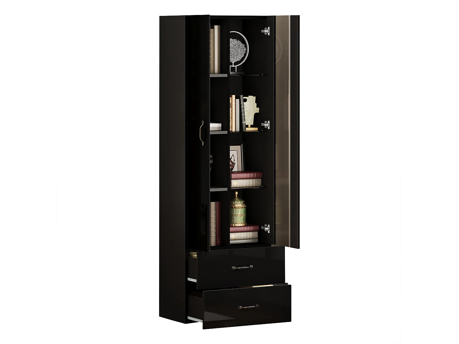 Vitrine mit transparenter Tür – 60 x 35 x 182,5 cm – mit LEDs + 2 Türen + 2 Schubladen – Spanplatte – schwarz