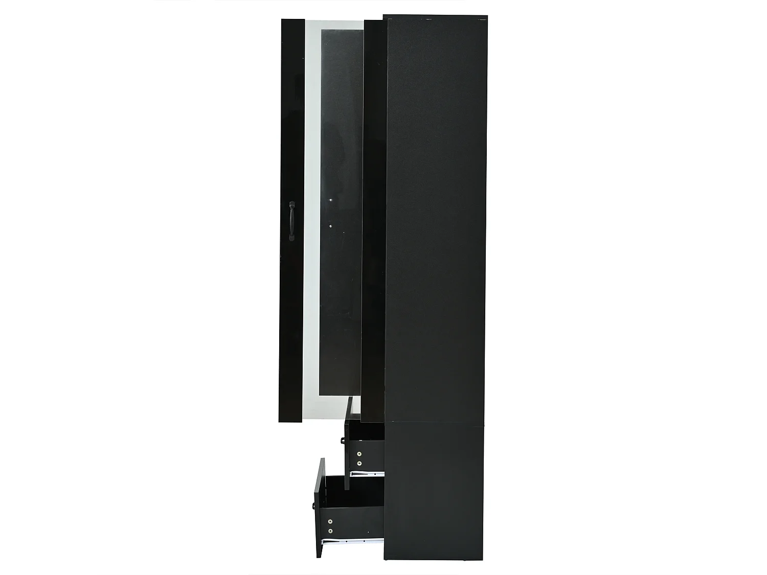 Vitrine mit transparenter Tür – 60 x 35 x 182,5 cm – mit LEDs + 2 Türen + 2 Schubladen – Spanplatte – schwarz