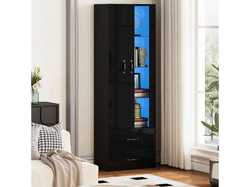 Vitrine avec porte transparente - 60 x 35 x 182.5 cm - avec Leds + 2 portes + 2 tiroirs - aggloméré -  noir