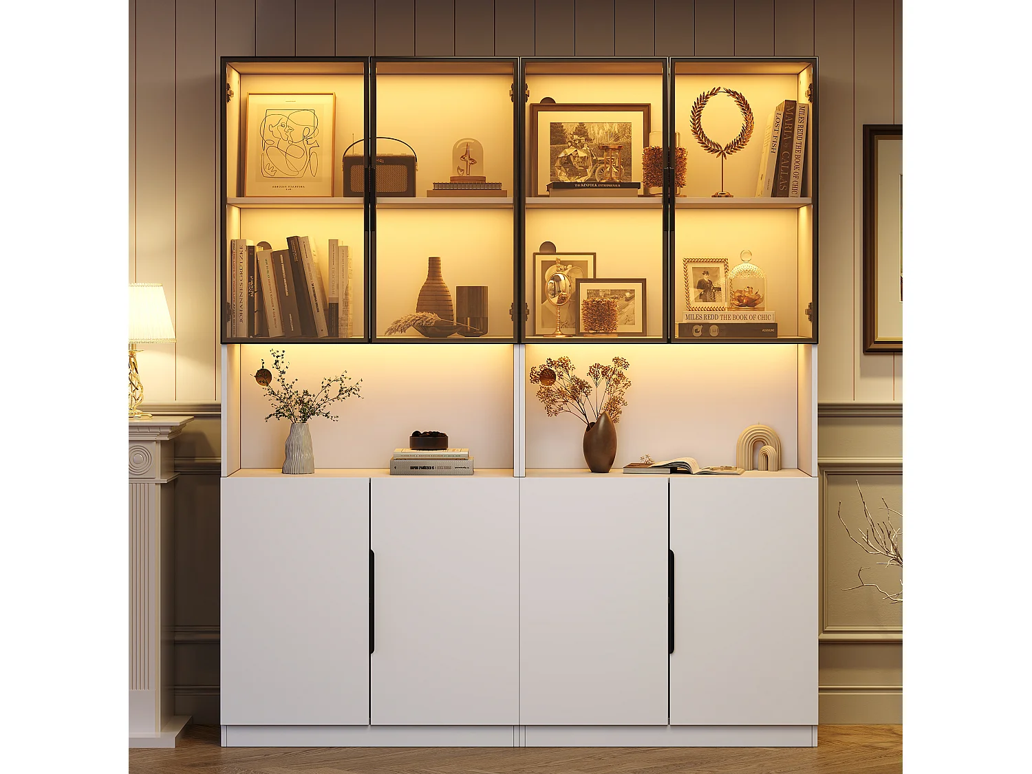 Vitrine moderne avec portes vitrées - 2 x 80 x 30 x 200 cm - avec Leds + étagère  - aggloméré - blanc