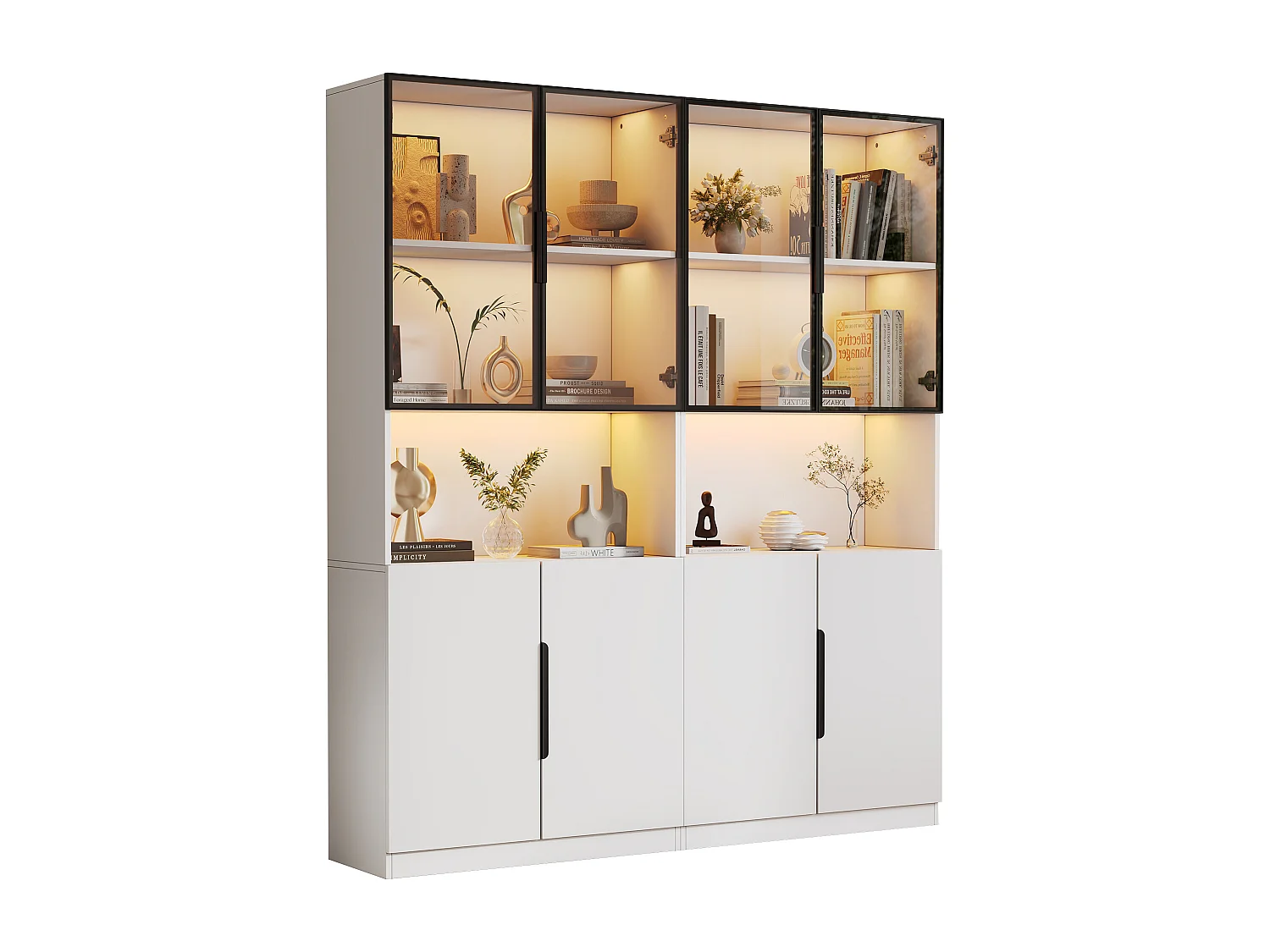 Vitrine moderne avec portes vitrées - 2 x 80 x 30 x 200 cm - avec Leds + étagère  - aggloméré - blanc