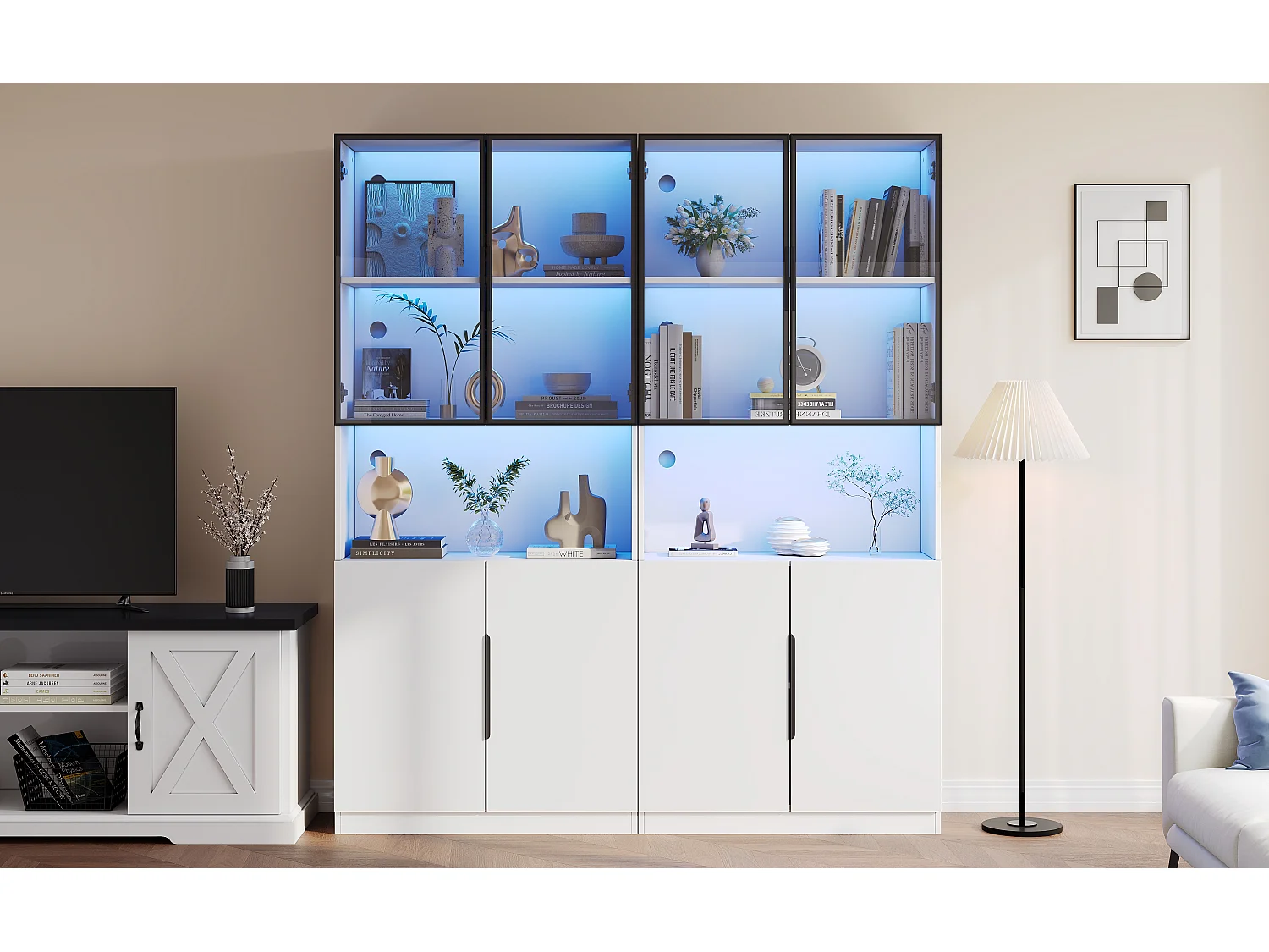 Vitrine moderne avec portes vitrées - 2 x 80 x 30 x 200 cm - avec Leds + étagère  - aggloméré - blanc