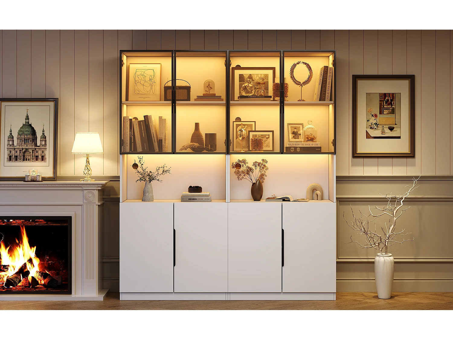 Vitrine moderne avec portes vitrées - 2 x 80 x 30 x 200 cm - avec Leds + étagère  - aggloméré - blanc