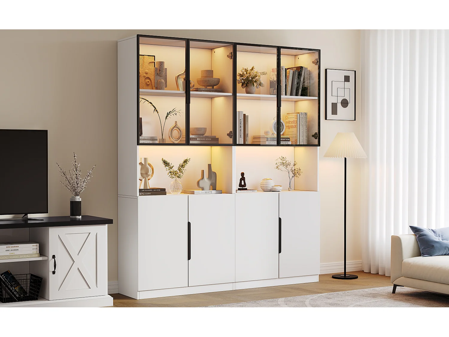 Vitrine moderne avec portes vitrées - 2 x 80 x 30 x 200 cm - avec Leds + étagère  - aggloméré - blanc