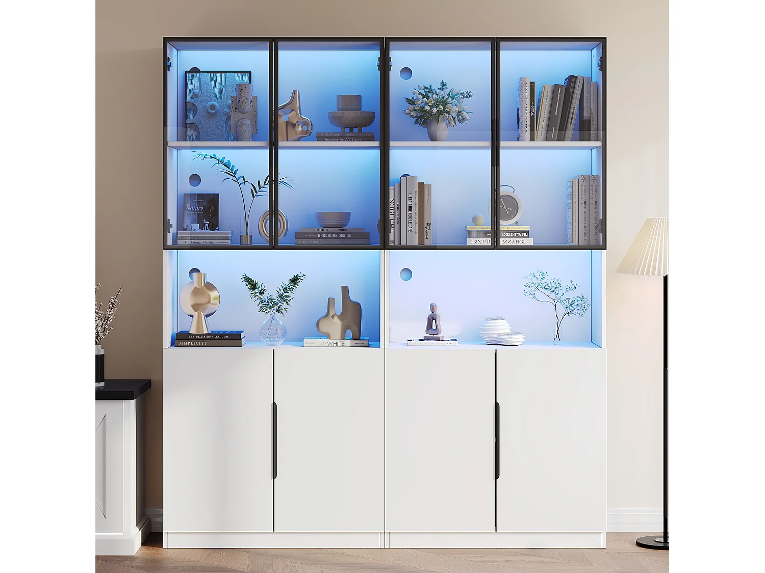 Vitrine moderne avec portes vitrées - 2 x 80 x 30 x 200 cm - avec Leds + étagère  - aggloméré - blanc