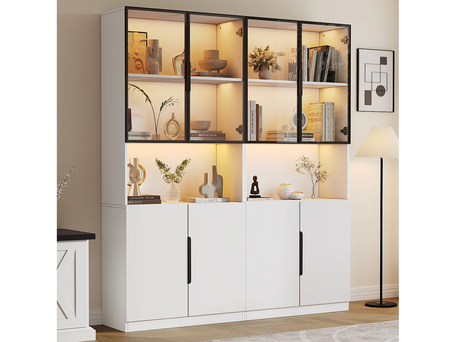 Vitrine moderne avec portes vitrées - 2 x 80 x 30 x 200 cm - avec Leds + étagère  - aggloméré - blanc