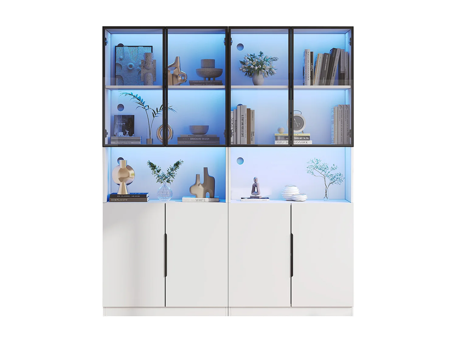 Vitrine moderne avec portes vitrées - 2 x 80 x 30 x 200 cm - avec Leds + étagère  - aggloméré - blanc