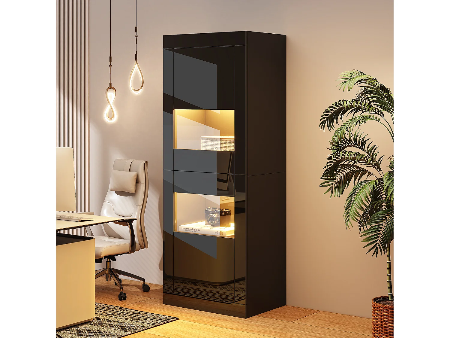 Lackierte Vitrine mit LEDs, 1 Glasboden und Tür – 61 x 42 x 162 cm – Spanplatte – schwarz