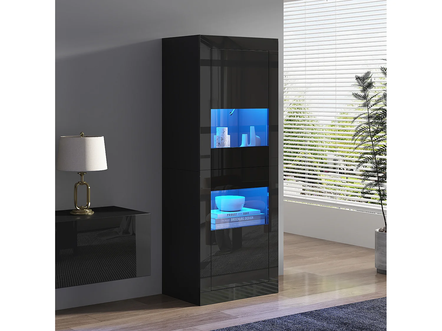 Lackierte Vitrine mit LEDs, 1 Glasboden und Tür – 61 x 42 x 162 cm – Spanplatte – schwarz