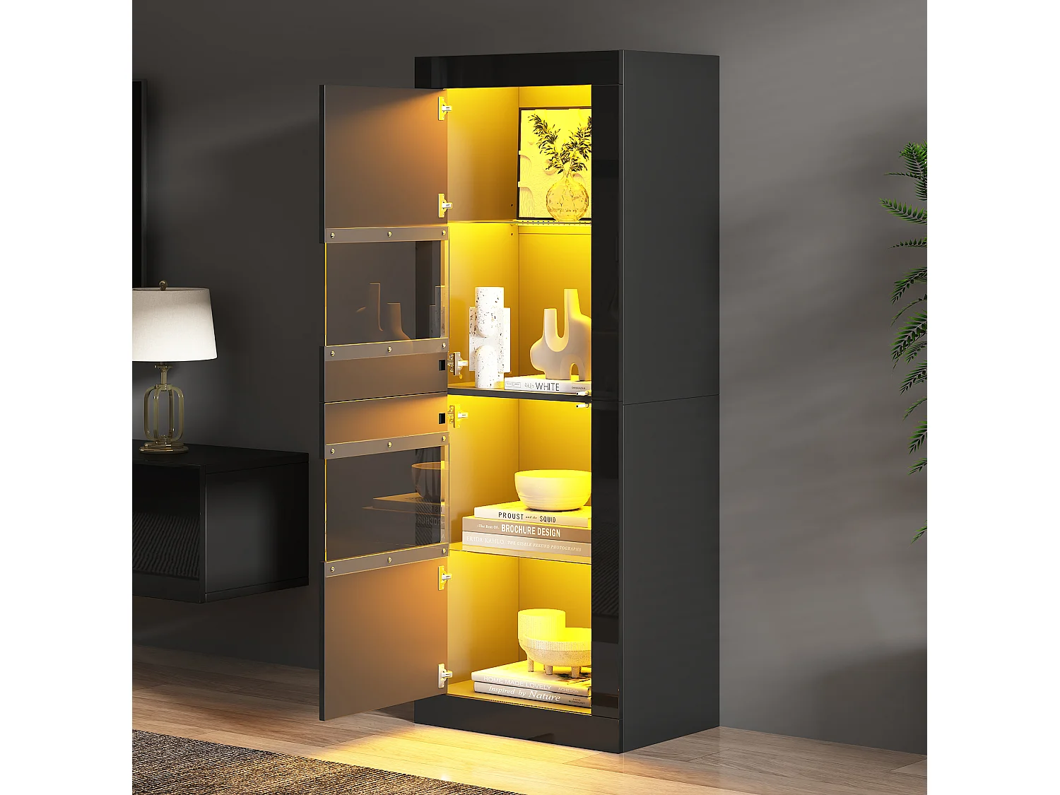 Lackierte Vitrine mit LEDs, 1 Glasboden und Tür – 61 x 42 x 162 cm – Spanplatte – schwarz