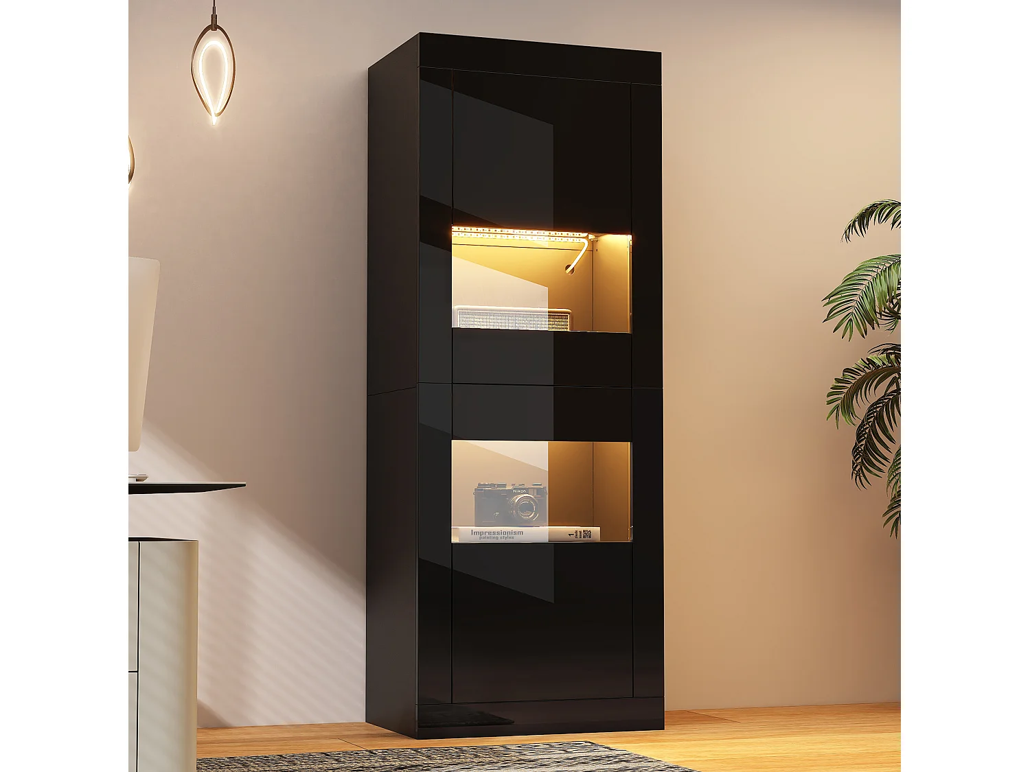 Lackierte Vitrine mit LEDs, 1 Glasboden und Tür – 61 x 42 x 162 cm – Spanplatte – schwarz