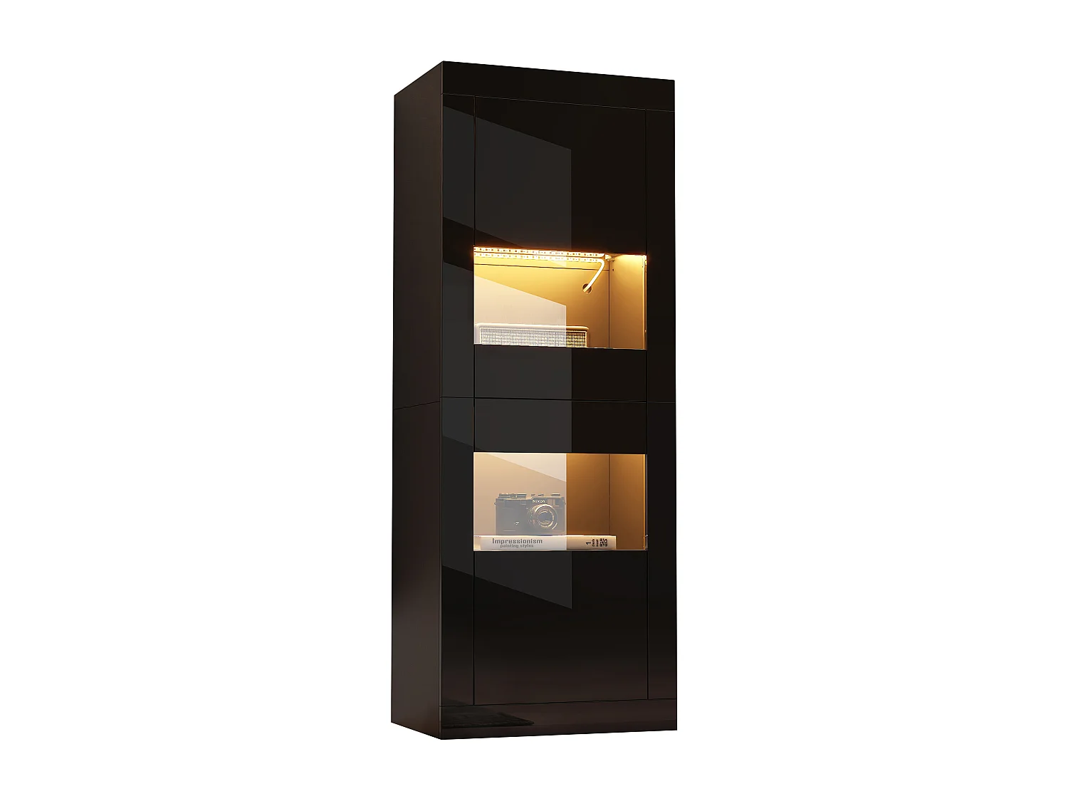 Lackierte Vitrine mit LEDs, 1 Glasboden und Tür – 61 x 42 x 162 cm – Spanplatte – schwarz