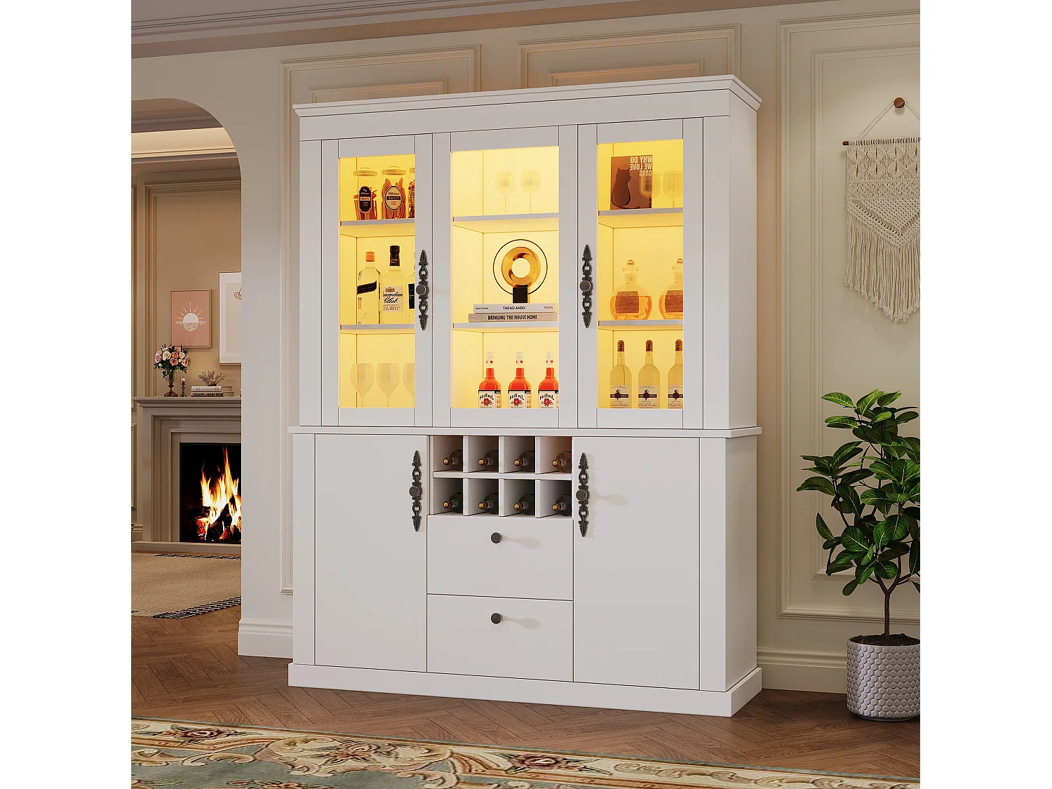 Vetrina in vetro - 130 x 37,5 x 170,5 cm - con 2 cassetti + 4 ante + LED + 8 portabottiglie - vetro + truciolato - bianco