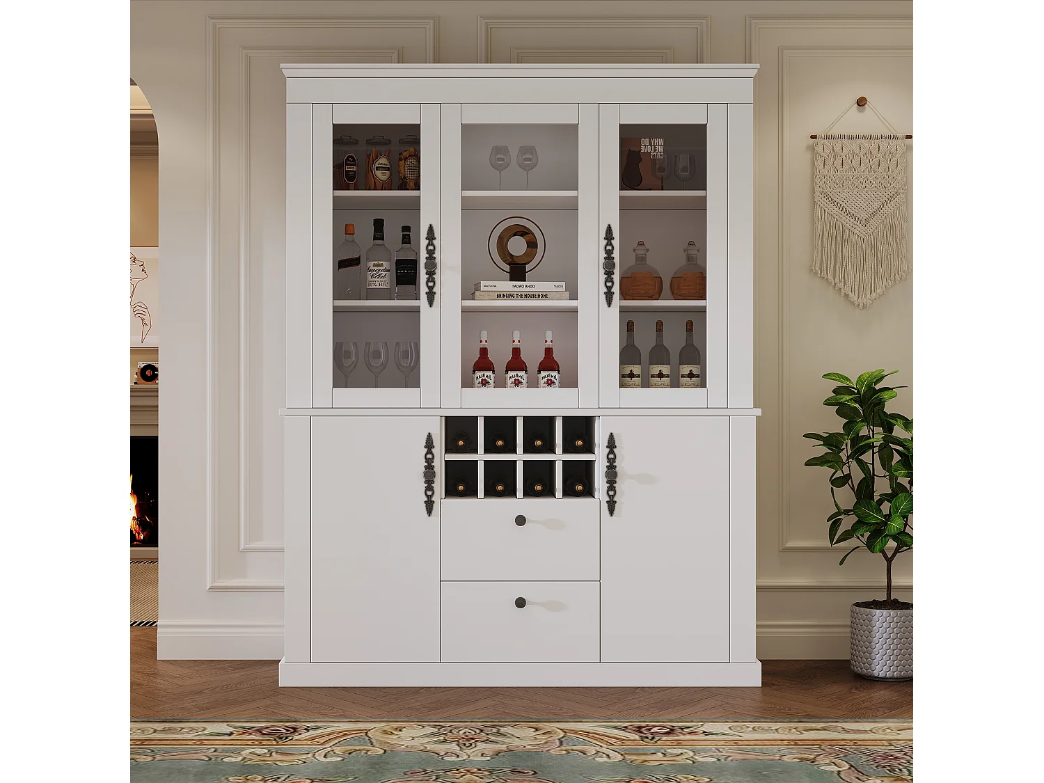 Vetrina in vetro - 130 x 37,5 x 170,5 cm - con 2 cassetti + 4 ante + LED + 8 portabottiglie - vetro + truciolato - bianco