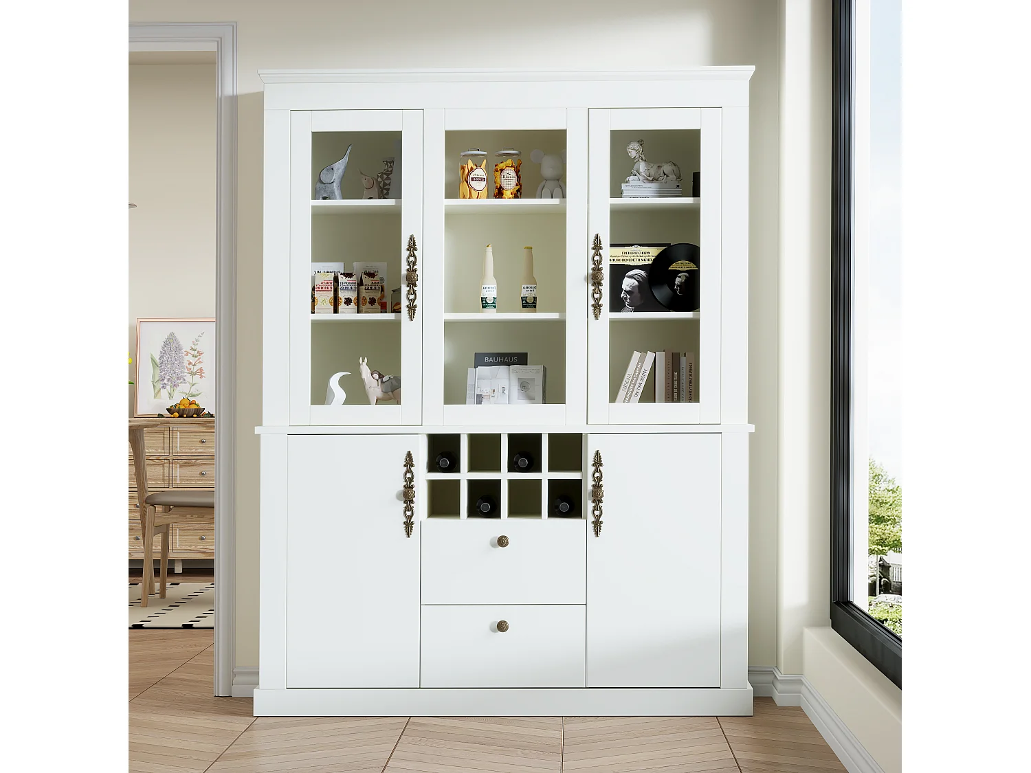 Vetrina in vetro - 130 x 37,5 x 170,5 cm - con 2 cassetti + 4 ante + LED + 8 portabottiglie - vetro + truciolato - bianco