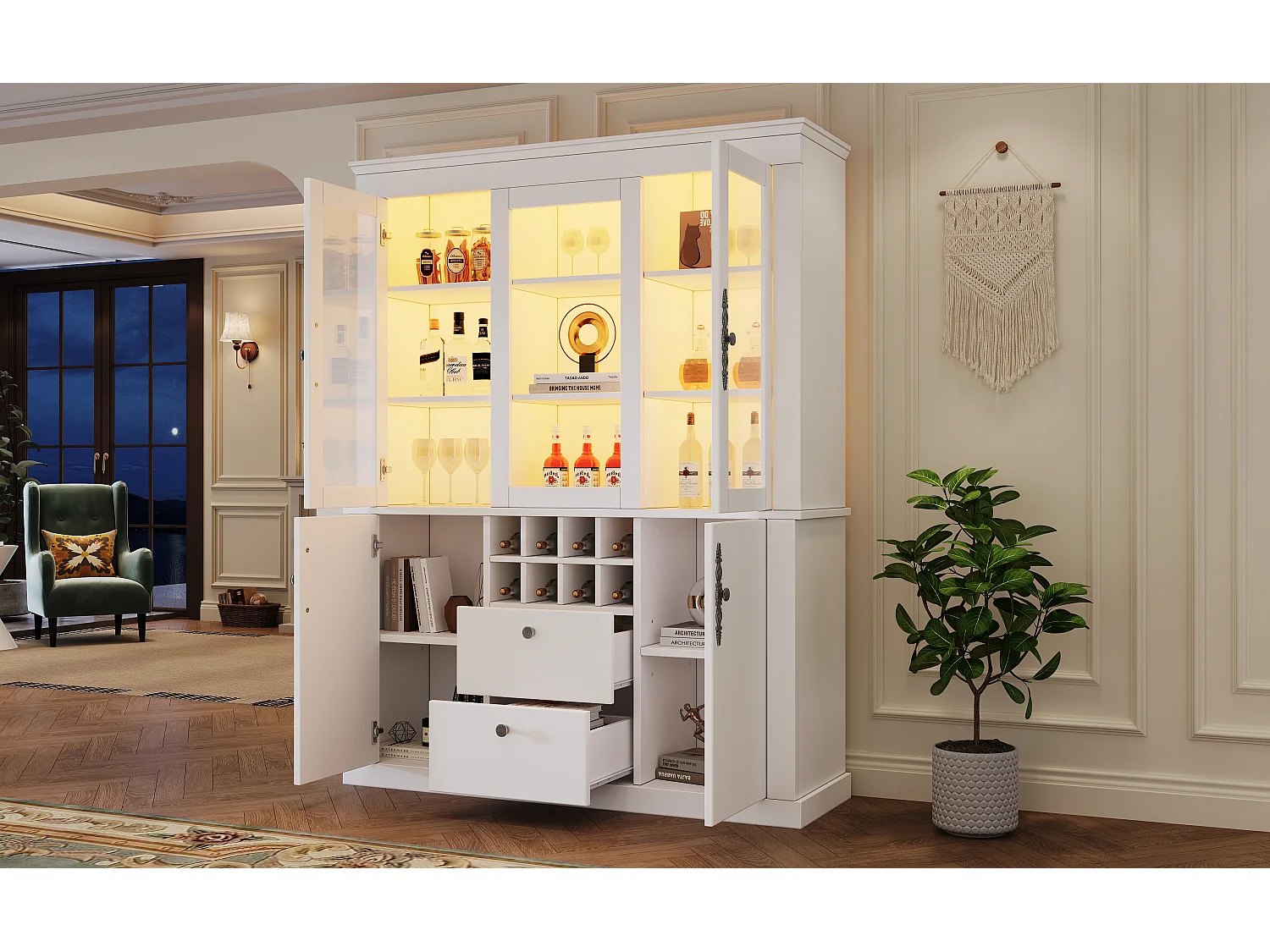 Vetrina in vetro - 130 x 37,5 x 170,5 cm - con 2 cassetti + 4 ante + LED + 8 portabottiglie - vetro + truciolato - bianco