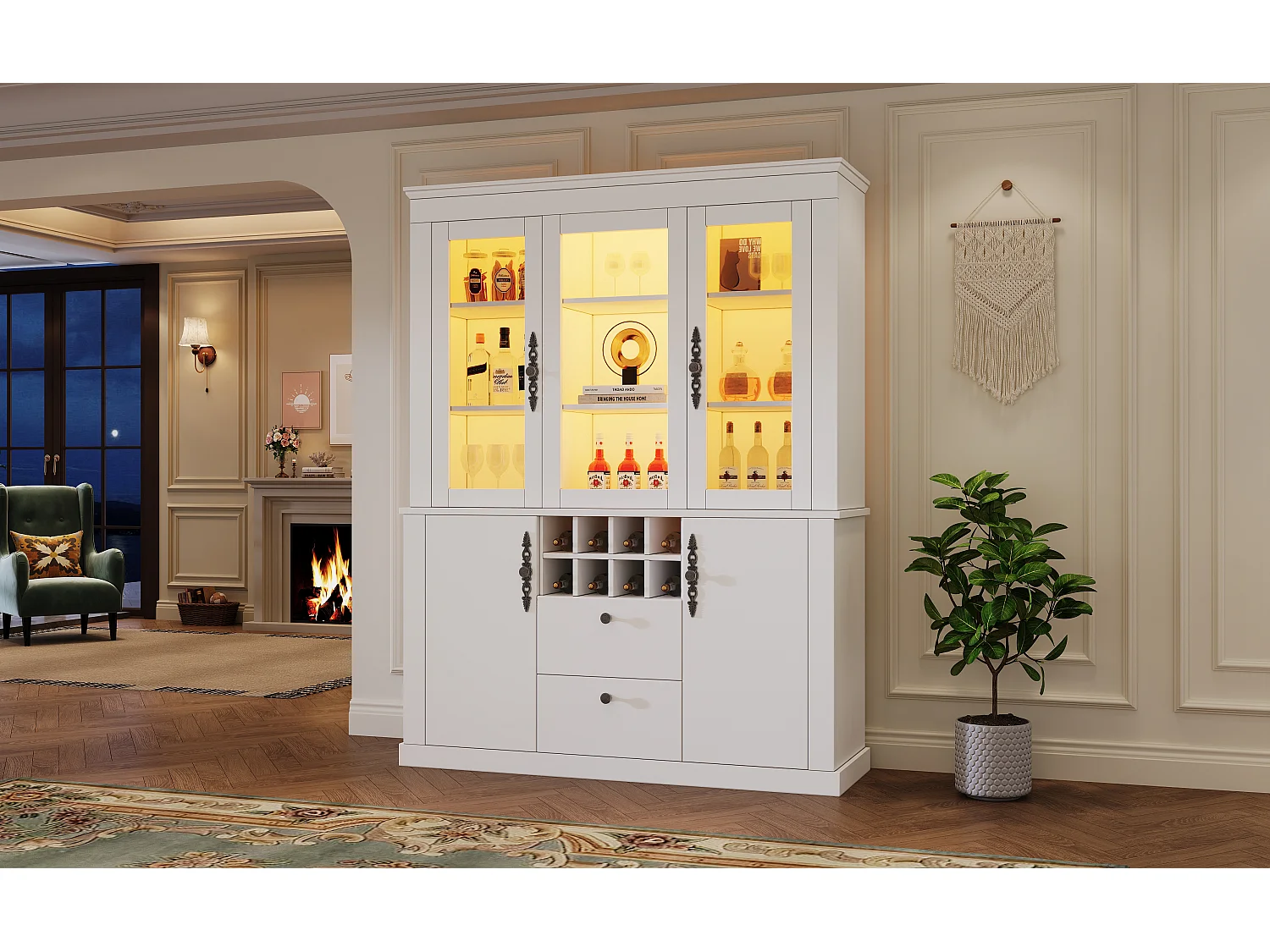 Vetrina in vetro - 130 x 37,5 x 170,5 cm - con 2 cassetti + 4 ante + LED + 8 portabottiglie - vetro + truciolato - bianco