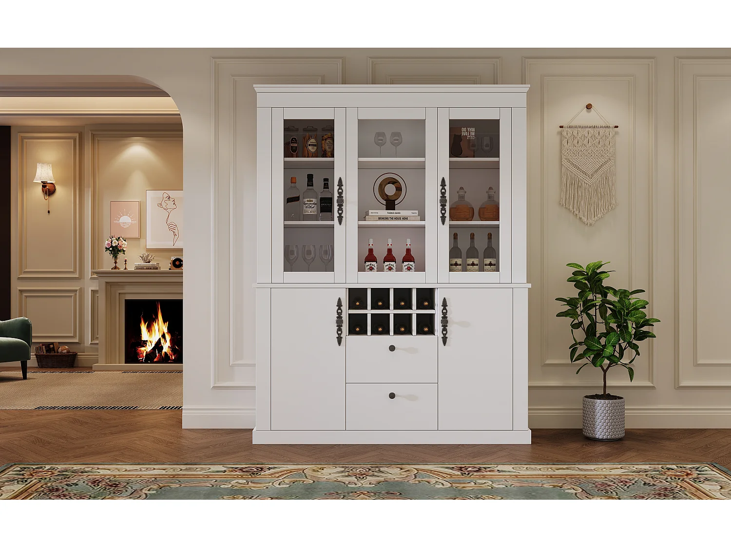 Vetrina in vetro - 130 x 37,5 x 170,5 cm - con 2 cassetti + 4 ante + LED + 8 portabottiglie - vetro + truciolato - bianco