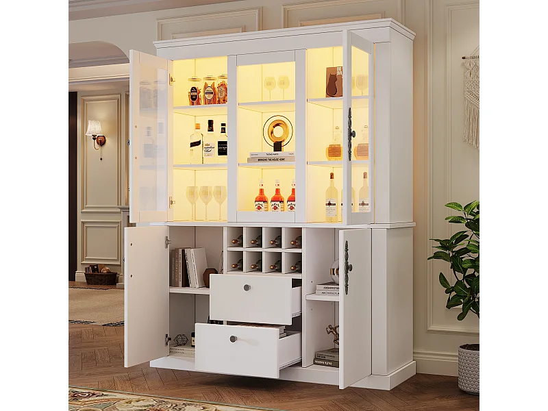 Vitrine en verre - 130 x 37.5 x 170.5 cm - avec 2 tiroirs + 4 portes + Leds + 8 casiers à vin - verre + aggloméré - blanc