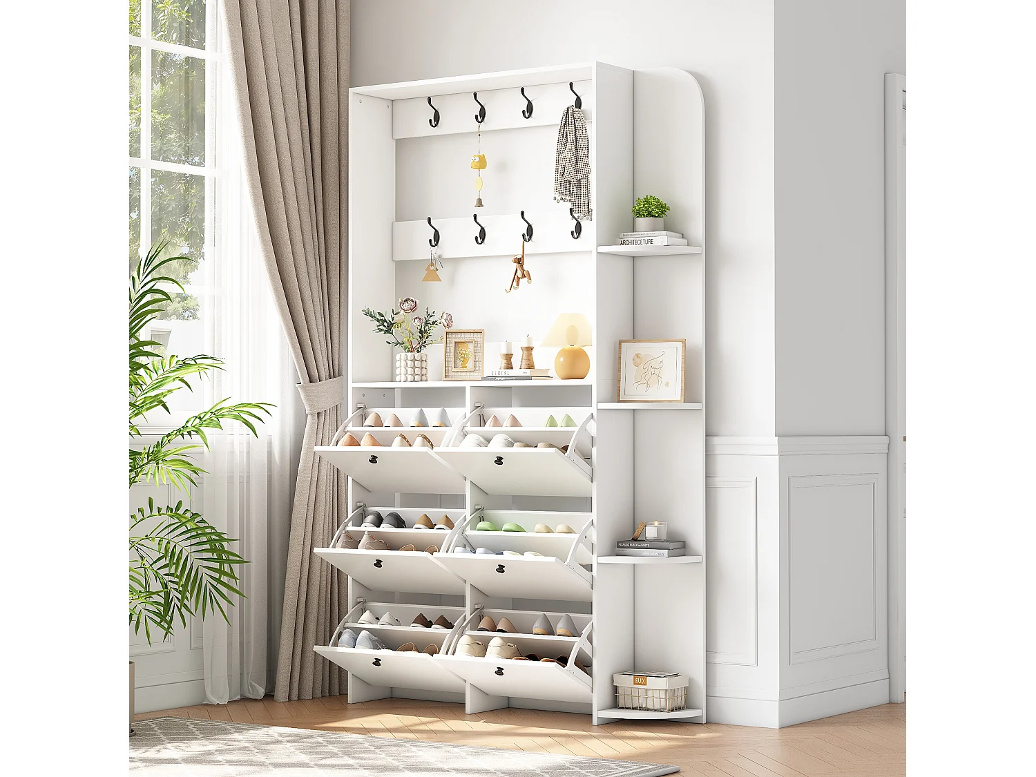 Vestiaire 3 en 1 pour l'entrée - 120 x 24 x 200 cm - avec 8 crochets + 6 armoir de chaussures - aggloméré - blanc