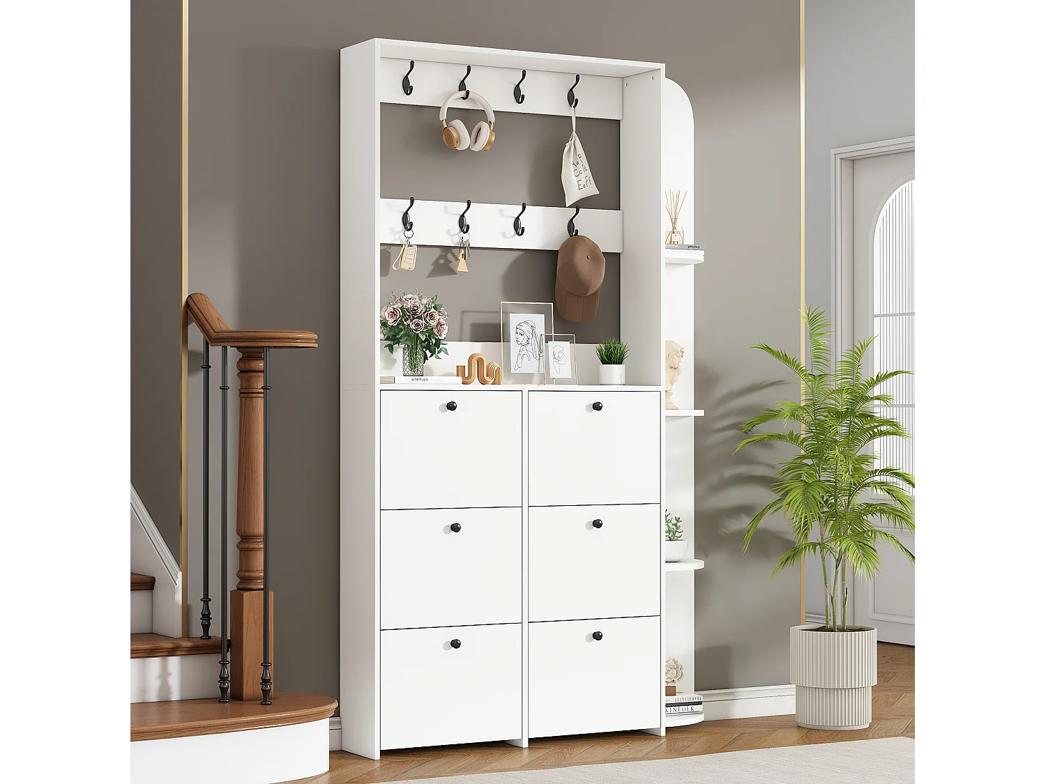 Vestiaire 3 en 1 pour l'entrée - 120 x 24 x 200 cm - avec 8 crochets + 6 armoir de chaussures - aggloméré - blanc