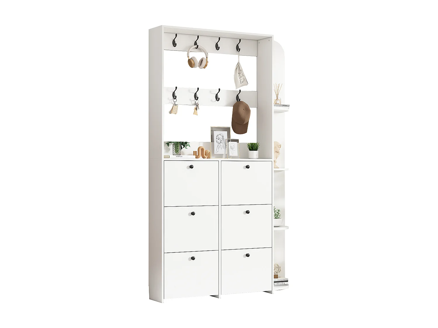 Vestiaire 3 en 1 pour l'entrée - 120 x 24 x 200 cm - avec 8 crochets + 6 armoir de chaussures - aggloméré - blanc