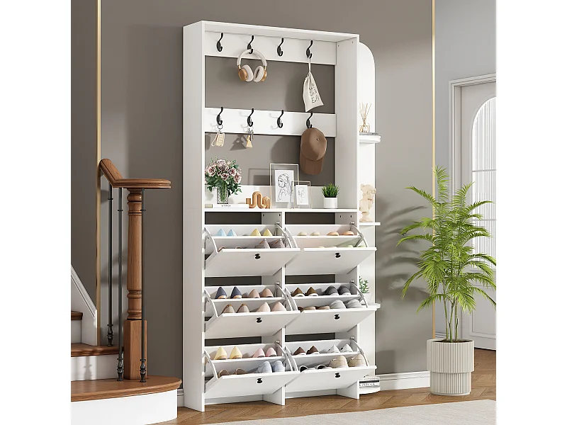 Vestiaire 3 en 1 pour l'entrée - 120 x 24 x 200 cm - avec 8 crochets + 6 armoir de chaussures - aggloméré - blanc