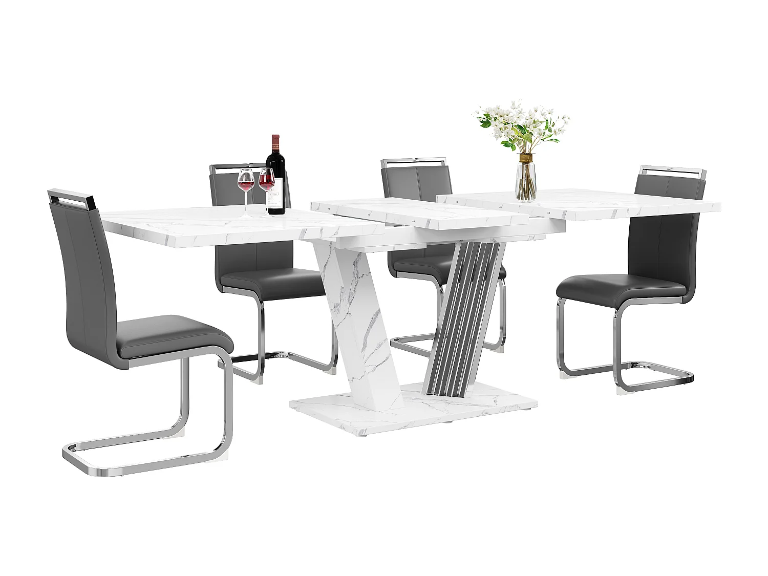 Eetkamerset (5-delig) - met uitschuifbare tafel (120-160 cm) + 4 kunstlederen stoelen - MDF - grijs + wit