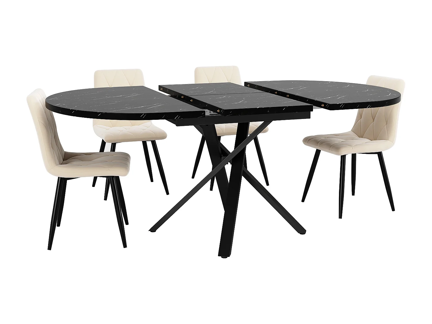 Ensemble de table à manger 5 pièces avec table extensible (100-140 cm) + 4 chaises en velours - MDF + métal - beige + noir