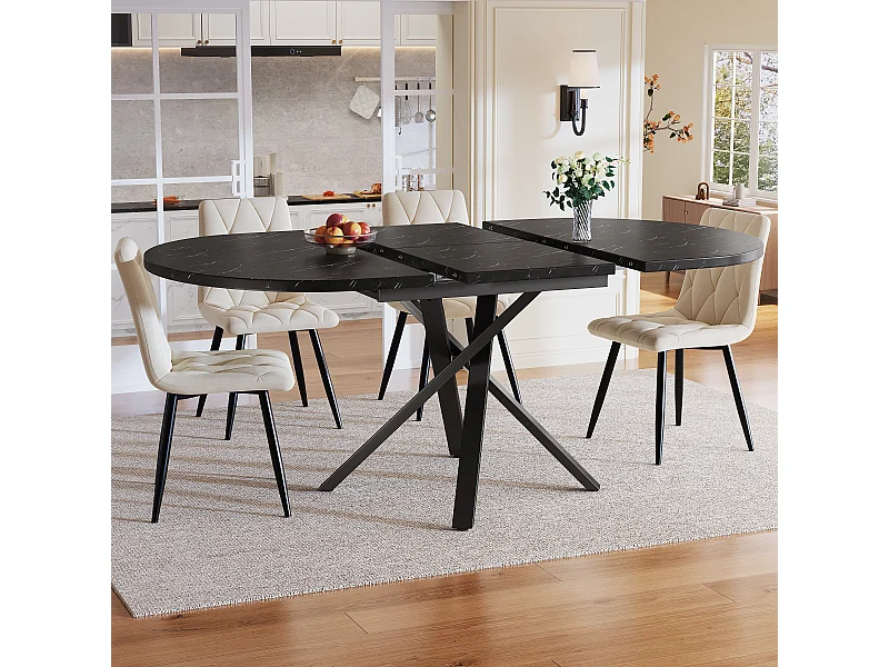 Ensemble de table à manger 5 pièces avec table extensible (100-140 cm) + 4 chaises en velours - MDF + métal - beige + noir