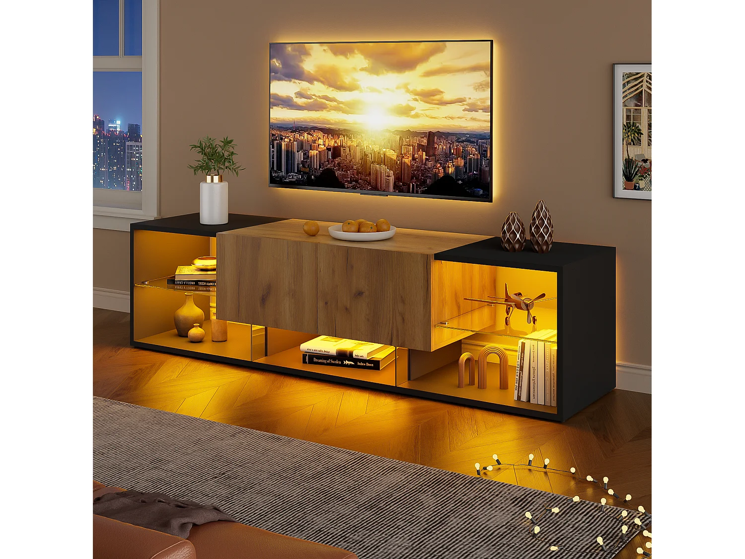 3-laags tv-meubel - 160 x 40 x 42 cm - met glazen plank + 2 lades - spaanplaat - zwart + naturel