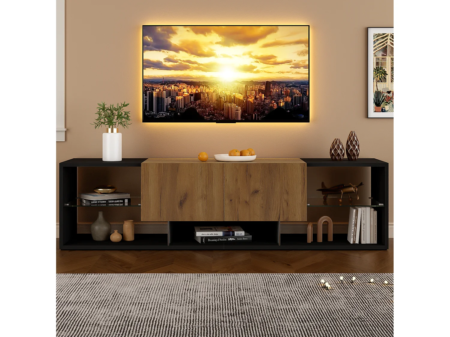 3-laags tv-meubel - 160 x 40 x 42 cm - met glazen plank + 2 lades - spaanplaat - zwart + naturel
