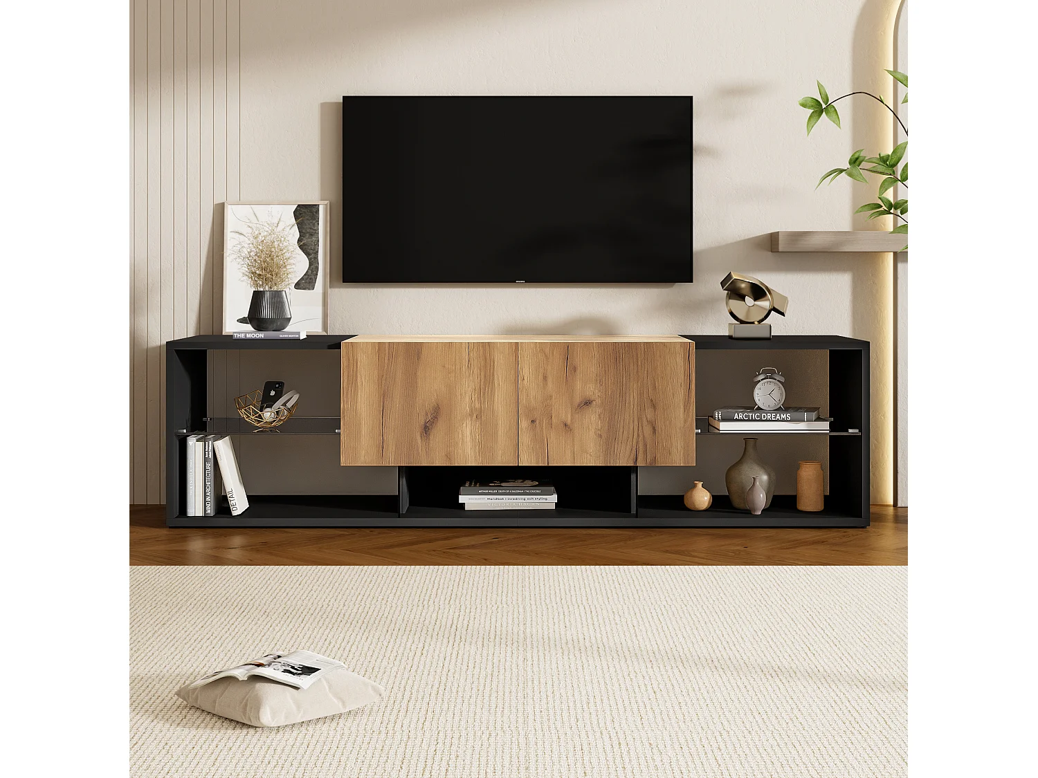 3-laags tv-meubel - 160 x 40 x 42 cm - met glazen plank + 2 lades - spaanplaat - zwart + naturel