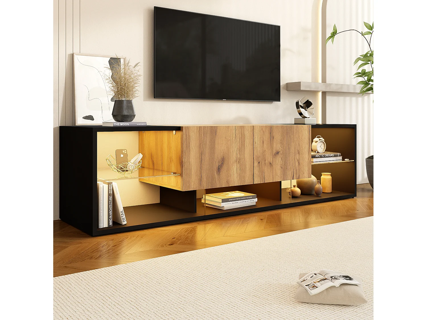 3-laags tv-meubel - 160 x 40 x 42 cm - met glazen plank + 2 lades - spaanplaat - zwart + naturel