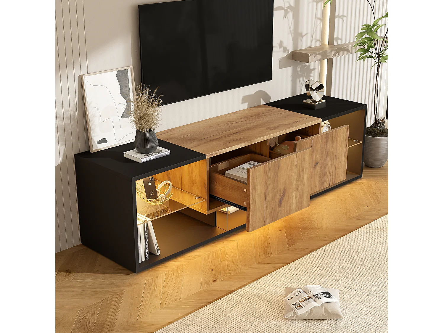 3-laags tv-meubel - 160 x 40 x 42 cm - met glazen plank + 2 lades - spaanplaat - zwart + naturel