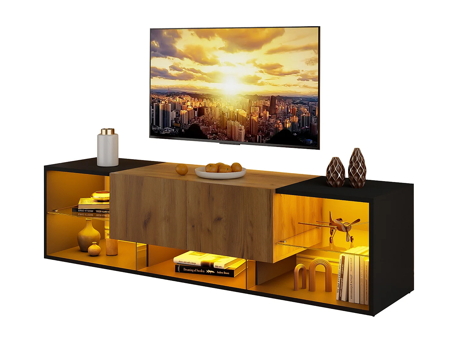 3-laags tv-meubel - 160 x 40 x 42 cm - met glazen plank + 2 lades - spaanplaat - zwart + naturel