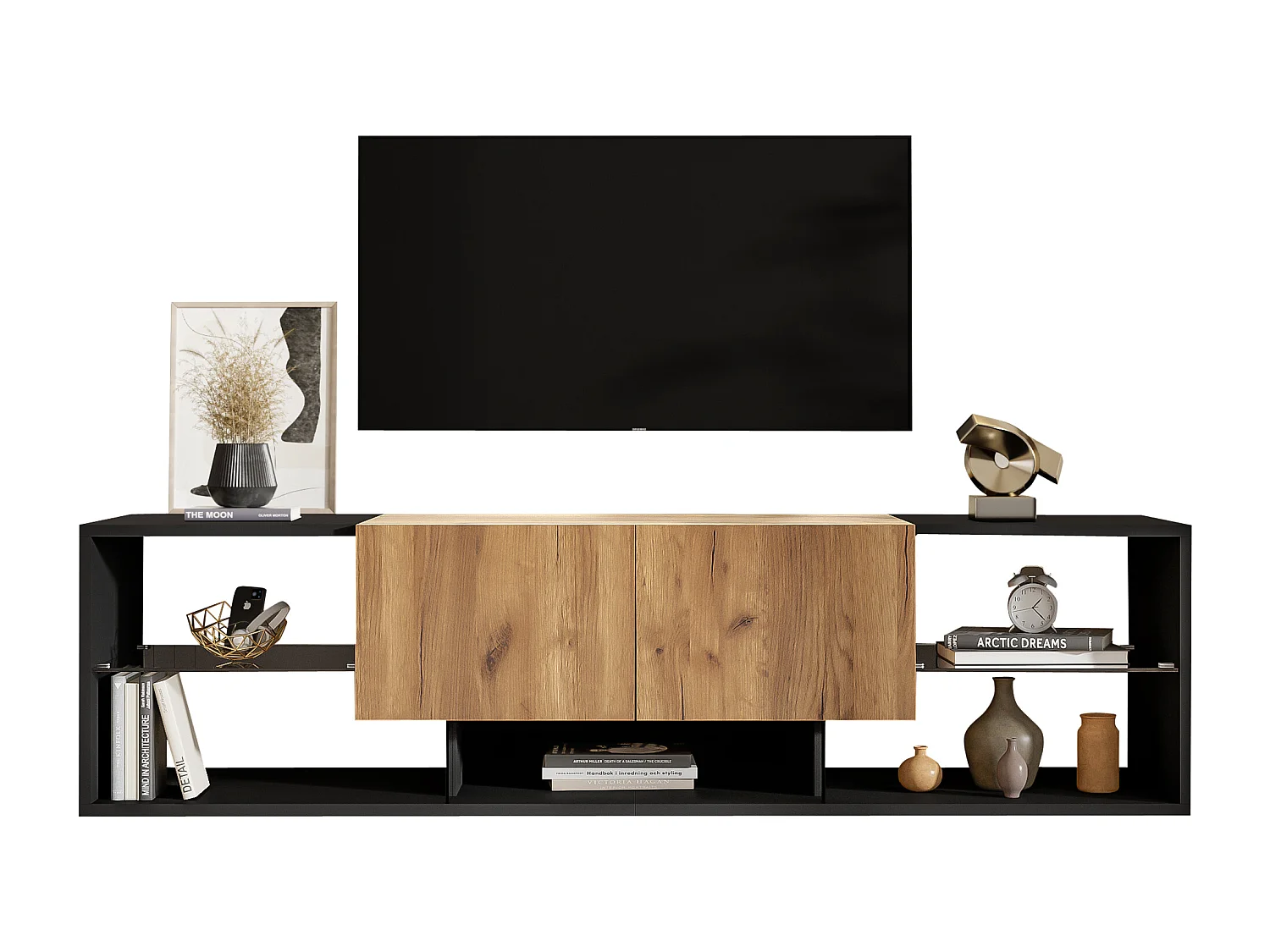 3-laags tv-meubel - 160 x 40 x 42 cm - met glazen plank + 2 lades - spaanplaat - zwart + naturel