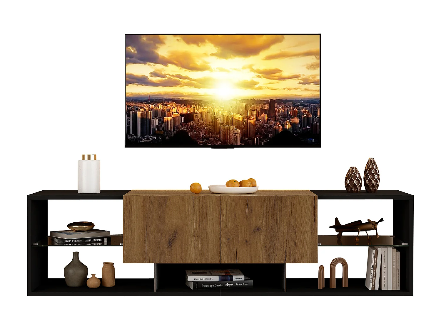3-laags tv-meubel - 160 x 40 x 42 cm - met glazen plank + 2 lades - spaanplaat - zwart + naturel