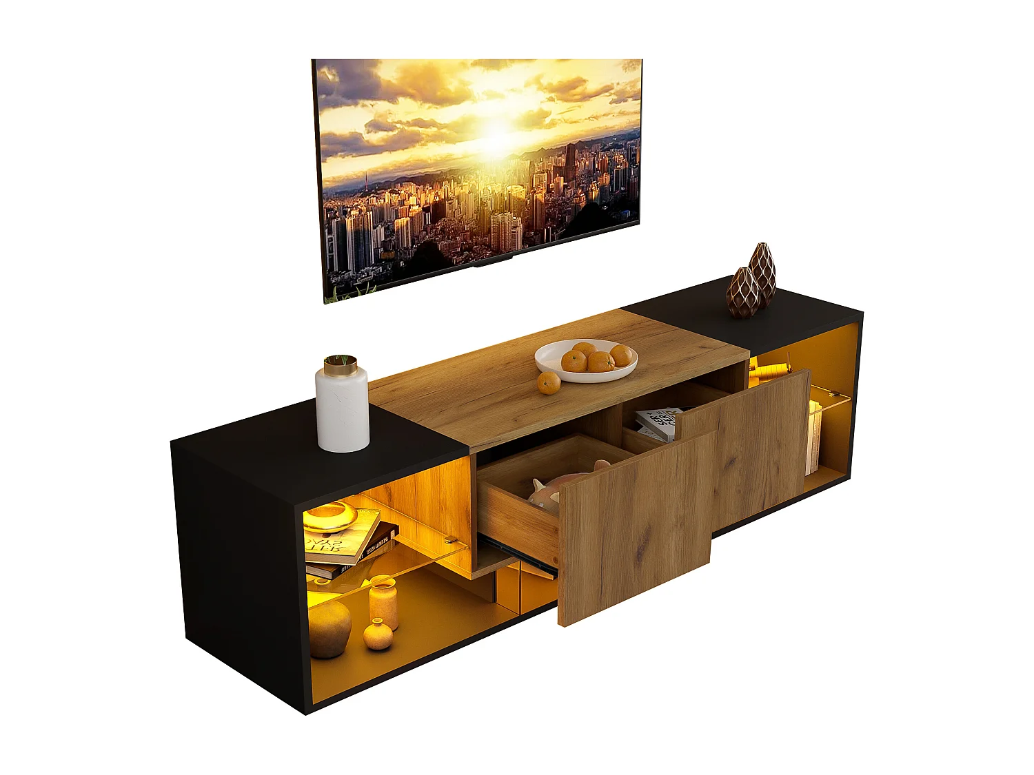3-laags tv-meubel - 160 x 40 x 42 cm - met glazen plank + 2 lades - spaanplaat - zwart + naturel