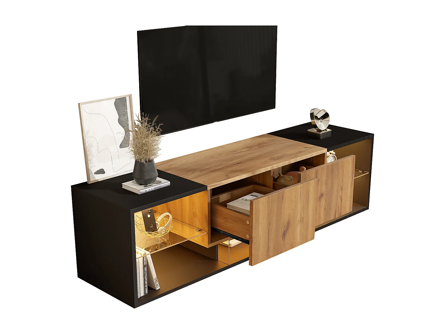 3-laags tv-meubel - 160 x 40 x 42 cm - met glazen plank + 2 lades - spaanplaat - zwart + naturel