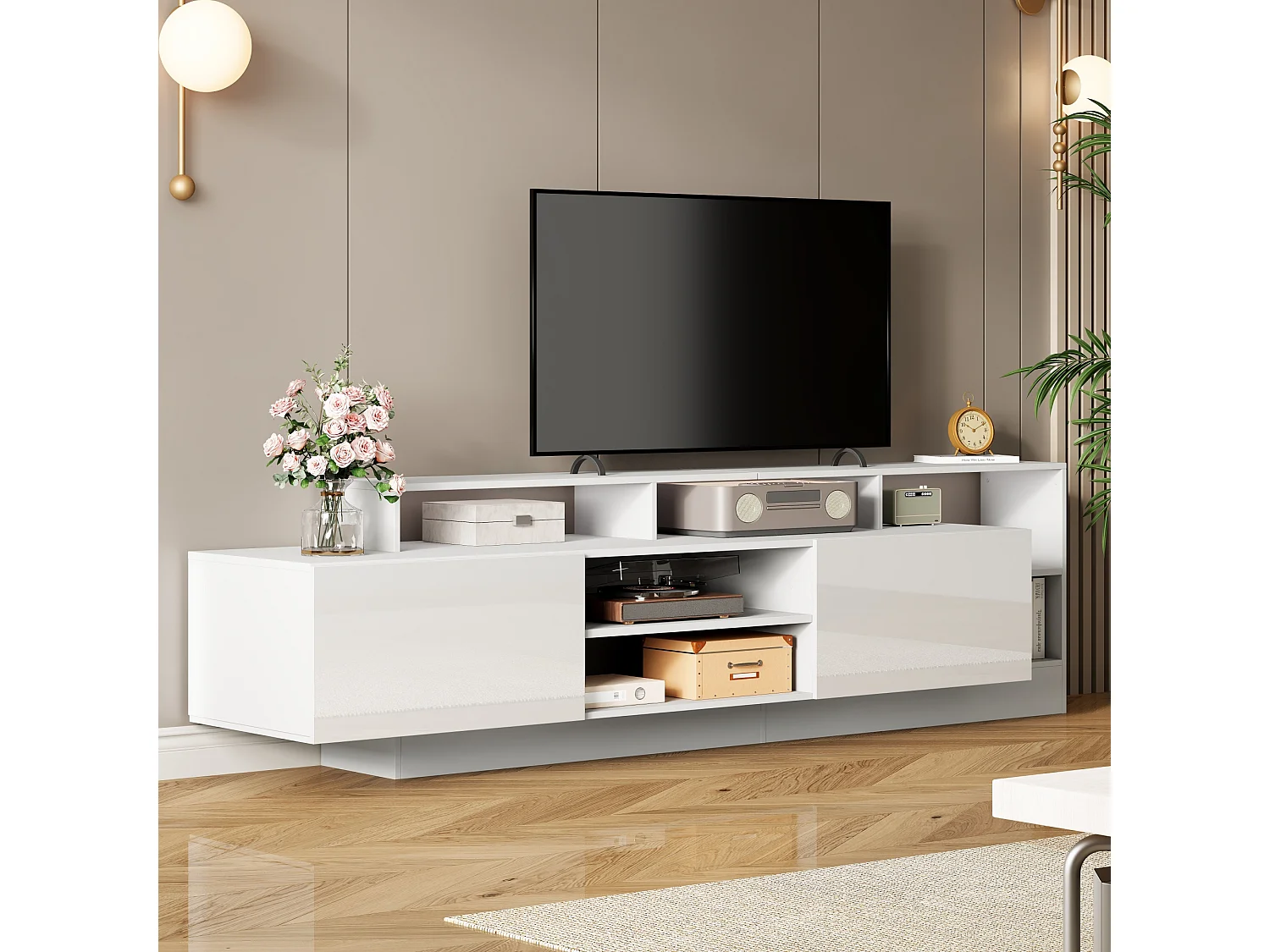 Nowoczesna szafka RTV z połyskiem - 190 x 40 x 48,5 cm - z otwartą przestrzenią + diody LED + 2 drzwi - płyta wiórowa - biała