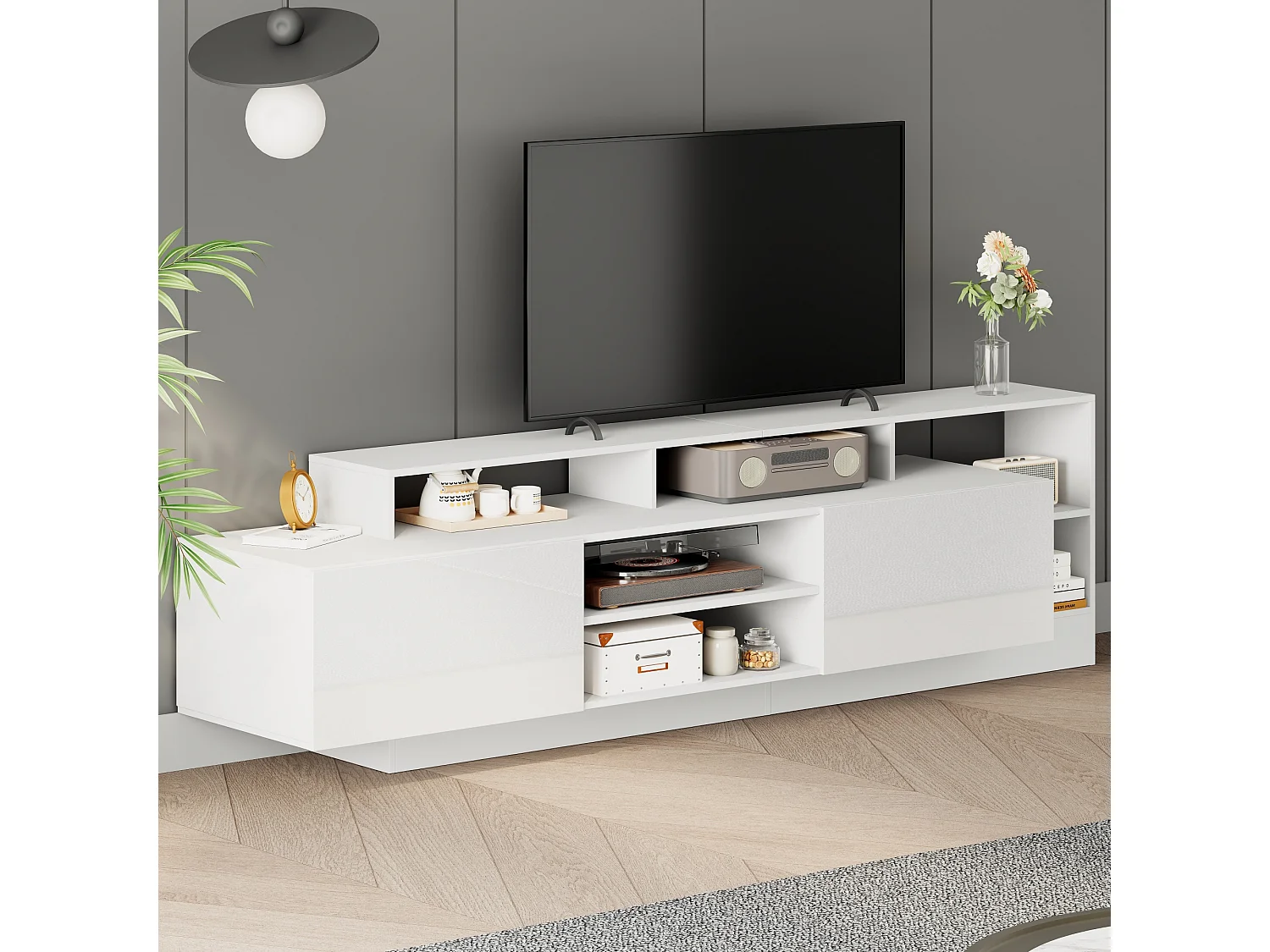 Nowoczesna szafka RTV z połyskiem - 190 x 40 x 48,5 cm - z otwartą przestrzenią + diody LED + 2 drzwi - płyta wiórowa - biała